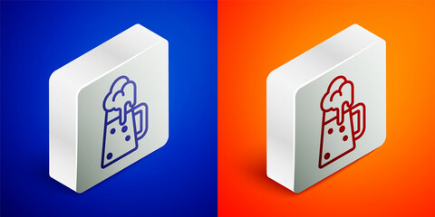 Isometric line Wooden beer mug icon isolated on blue and orange background. Silver square button. Vector