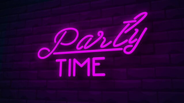 party time neon sign animation.Brick Wall Background.