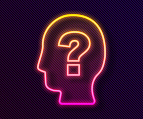 Glowing neon line Human head with question mark icon isolated on black background. Vector
