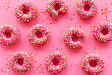 Set of pink glazed donutes with sprinkles, top view