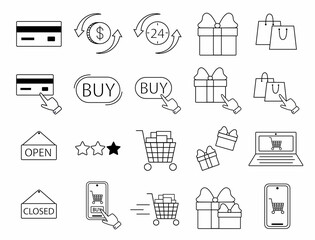 Set icons of online shopping. Collection of icons for the store such as carts and shopping baskets, smartphone and online store etc. Gifts, grade, credit card, button 