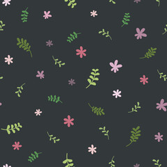 Seamless floral pattern with green blades of grass and pink flowers. Repeating texture on black