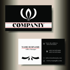 Modern business card template design. Company contact card. Double-sided black and white image on a black and gray background. Vector illustration.
