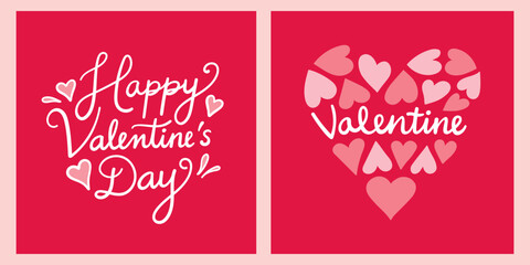 Valentine’s Day square cards with hand lettering, pink hearts, and red background. Vector illustration
