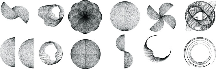 Big set of lines in various shape . Spiral Vector Illustration .Big collection of round Logos . Rouhgen edges . Abstract Geometric circular shapes .Rotating radial lines collection. Concentric circles © miloje