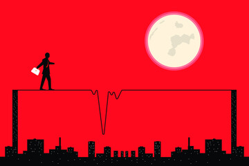 Financial risk. Business man walking on a rope to success path. Path to success concept vector illustration on red background.