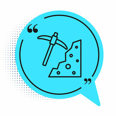 Black line Pickaxe icon isolated on white background. Blue speech bubble symbol. Vector