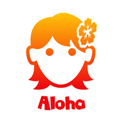 Vacaciones en Hawaii. Logotipo con texto Aloha con silueta de cara de chica con flor de hibisco en color naranja