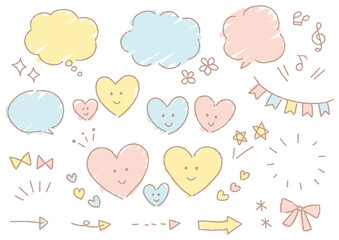 手書きのハートと吹き出しセット（デコボコの線）