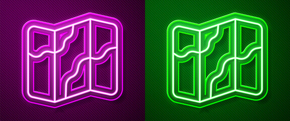 Glowing neon line Camping and hiking on map icon isolated on purple and green background. Vector