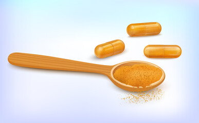 A wooden spoon full of turmeric powder with turmeric capsules vector illustration