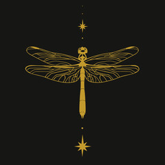 golden dragonfly, decoration, boho design, vector illustration for postcard