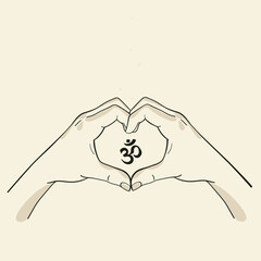 Hands forming a heart isolated, Om sign in the heart. Vector illustration