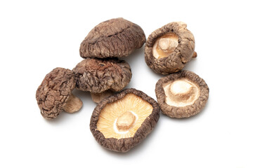 Dried shiitake mushrooms on isolated white background