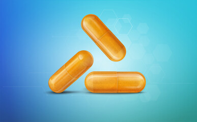 turmeric powder herbal capsules isolated on blue background-vector illustration  - obrazy, fototapety, plakaty