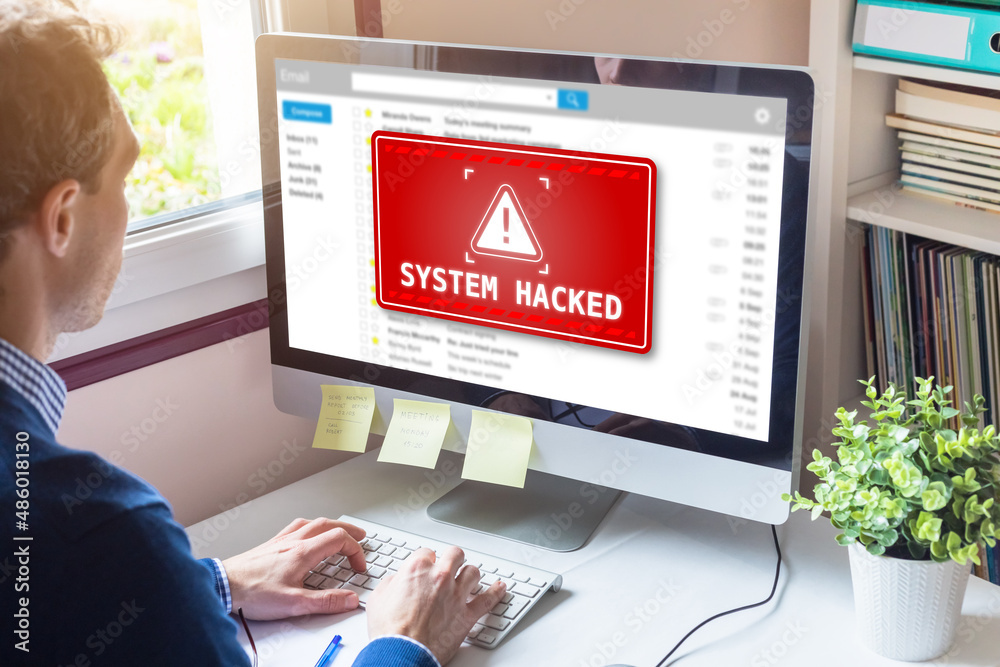 Wall mural system hacked alert on computer screen after cyber attack on network. cybersecurity vulnerability on