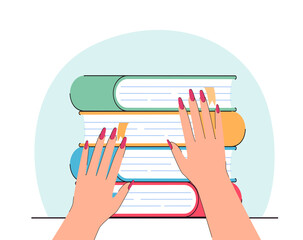 Cute hands of woman with pile of paper books from library. Read and study of female student flat vector illustration. School, knowledge, youth concept for banner, website design or landing web page