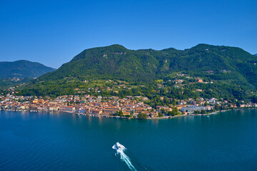 Fototapeta na wymiar Salò on Garda Lake in the summer, little village in italy, view by Drone for your holidays in Italy.