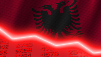 Albania economic downturn red negative neon line light. Business and financial money market crisis concept, 3D Illustration