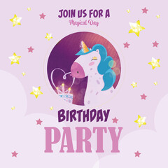 Birthday party card with unicorn