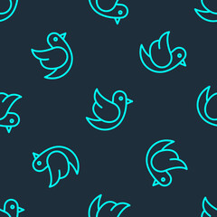Obraz na płótnie Canvas Green line Dove icon isolated seamless pattern on blue background. Vector