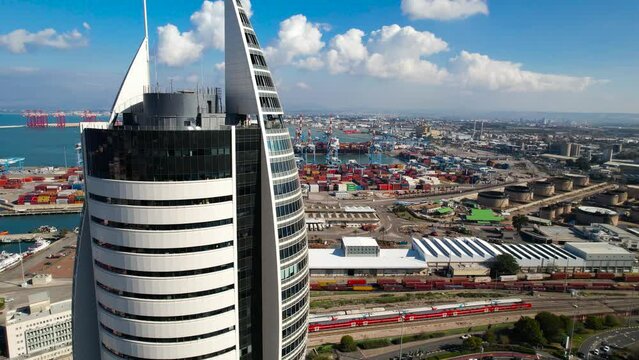 Aerial view Haifa city in Israel, Sail tower and port 