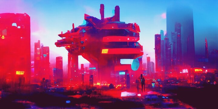 Huge and strange futuristic building against cyberpunk cityscape in blue red colors. Futuristic 3D illustration. Industrial landscape.