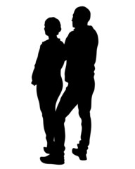 Young man and woman are standing next to each other. Isolated silhouette on a white background