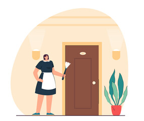 Hotel maid in uniform holding equipment for housekeeping. Woman standing near door flat vector illustration. Cleaning service, hospitality concept for banner, website design or landing web page