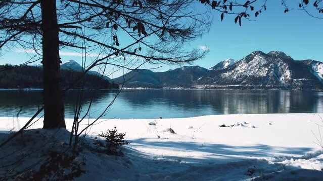 Snow beach at Lake Walchensee in Bavaria, south Germany in the alps mountains close to Austria. Blue clear drinking water waves at the white icy shore and blue sky in winter. 4K drone aerial
