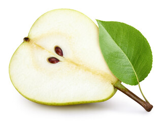 Half pear. Fresh organic pear isolated on white background. Green pear with clipping path