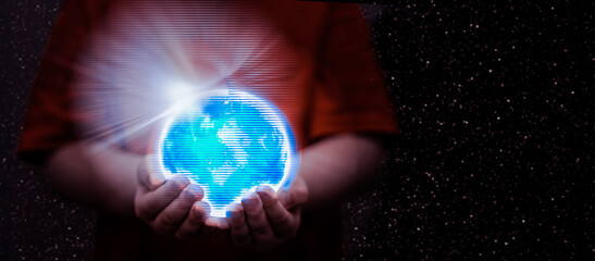 kid hold global metaverse world hologram in hand for  cyber online internet connect and family security for child concept