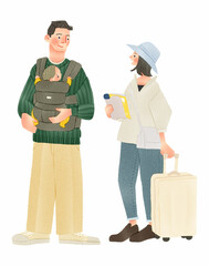 旅行をする3人家族　手描きイラスト