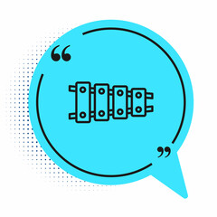 Black line Xylophone - musical instrument with thirteen wooden bars and two percussion mallets icon isolated on white background. Blue speech bubble symbol. Vector