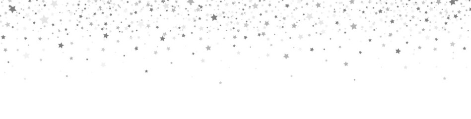 Stars silver long banner. Celebration background. Gray shooting stars frame. Glitter elegant design elements. Magic decoration. Christmas texture. Room decor. Vector illustration