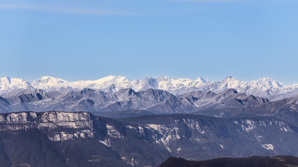 Fototapeta na wymiar Panoramic landscape of valleys and mountain ranges of the Italian Dolomites Alps