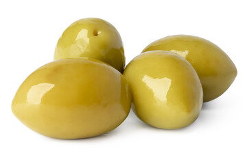 Pile of green olives on white background