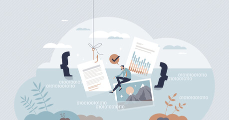 Data lake with big raw information files storage tiny person concept. IT system for digital info upload to server vector illustration. Database usage for analytic, machine learning and data movement.