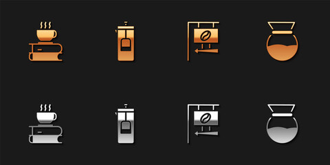 Set Coffee cup and book, French press, Street signboard coffee and Pour over maker icon. Vector