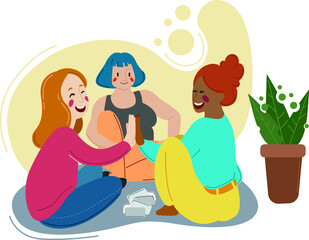 party girls vector illustration. girls play cards. funny company. warm moments. vector illustration.