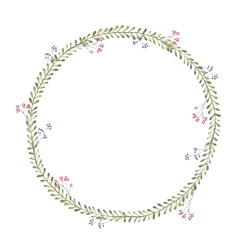 A wreath with twigs and berries on a white isolated background. Hand-drawn watercolor illustration