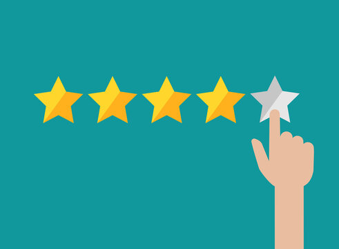 Hand with five golden stars. Giving rating. Ranking business or service. Feedback, reputation and quality assessment