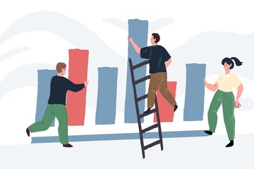Fototapeta premium Vector cartoon flat characters,specialists work with a huge diagram bars-online data information statistics and analytics,digital technology specialists workflow concept,web site banner ad design