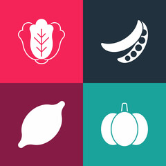 Set pop art Pumpkin, Lemon, Green peas and Cabbage icon. Vector