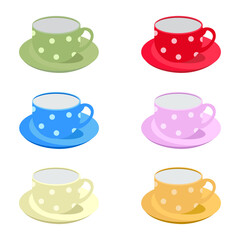 Set of cups with saucers in polka dots. Vector illustration