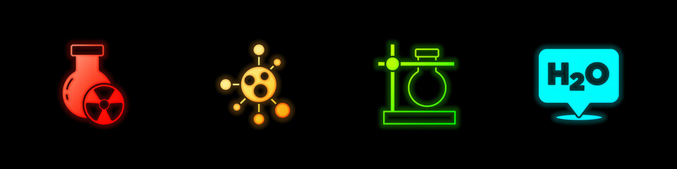 Set Test tube radiation, Molecule, flask stand and Chemical formula for H2O icon. Vector