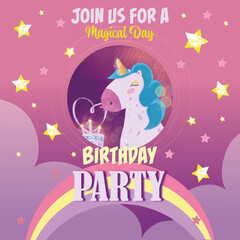 Birthday party card with unicorn