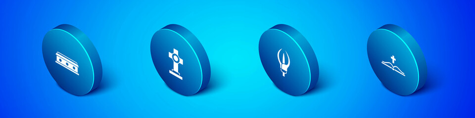 Set Isometric Coffin with cross, Lily flower, Holy bible book and Grave icon. Vector