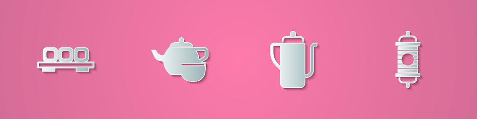 Set paper cut Sushi on cutting board, Chinese tea ceremony, and paper lantern icon. Paper art style. Vector