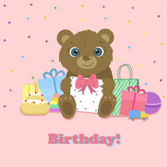 Birthday card. Cute bear with prezent and toys. Vector.